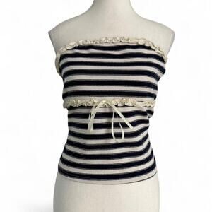 La Peche Y2K Strapless Striped Laced Ruffle Trim Fitted Top Size Large